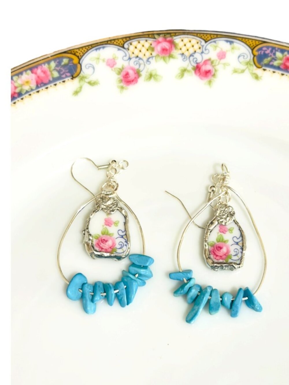 Bavaria Franklin 4177 Rose China Earrings - Genuine Turquoise Accents handmade - Picture 8 of 11